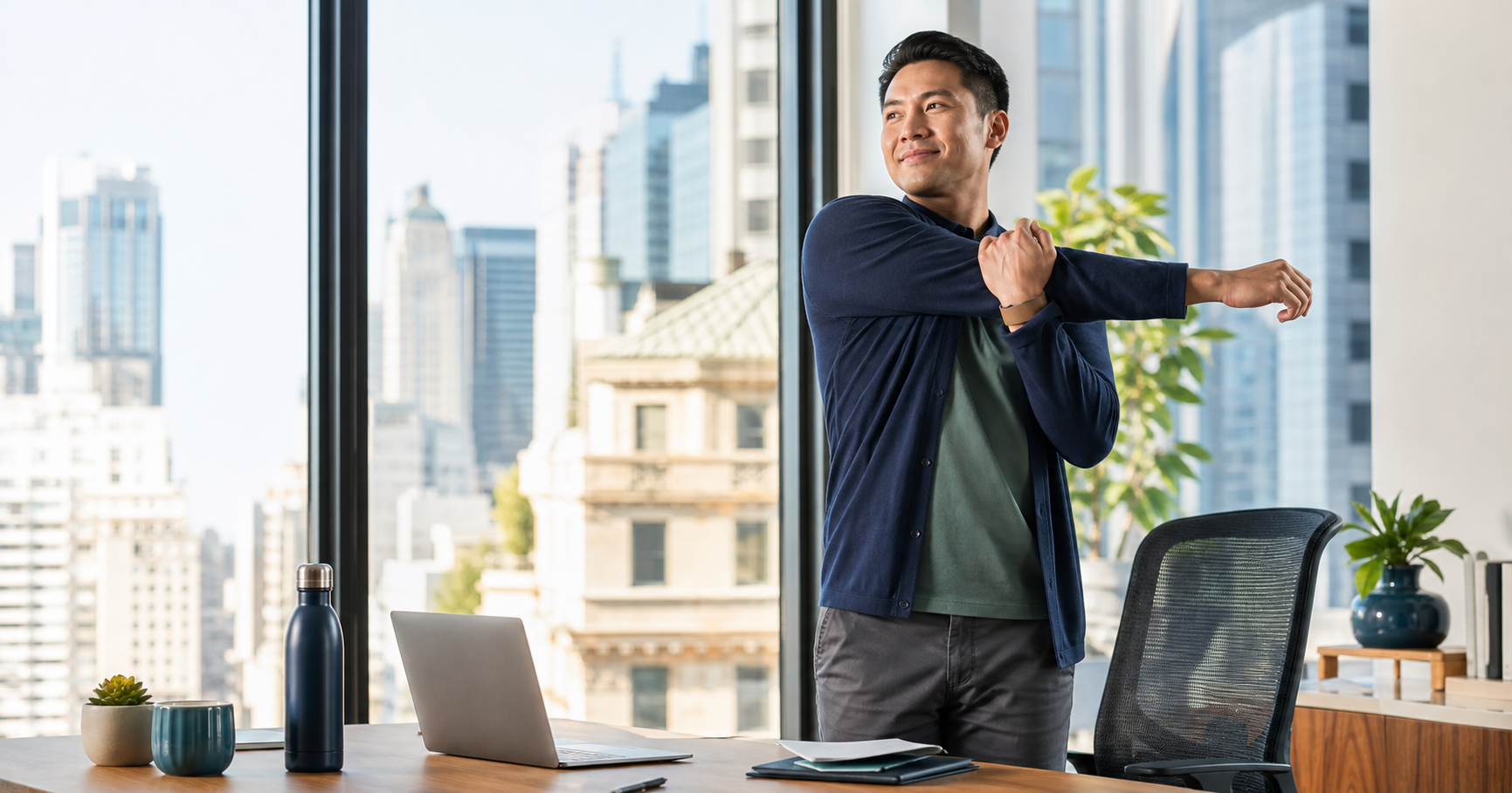 Back-to-routine tips: office professional stretching during an August workday in Midtown Manhattan