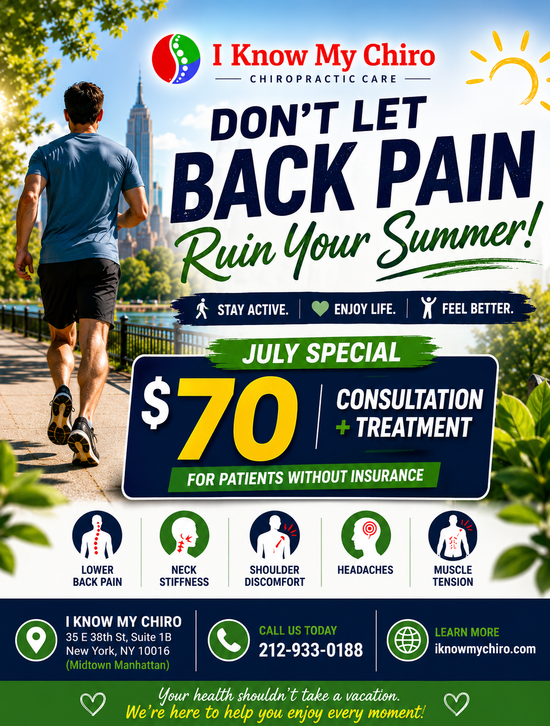 Manhattan Chiropractor helping patients stay active this summer with chiropractic care at I Know My Chiro.