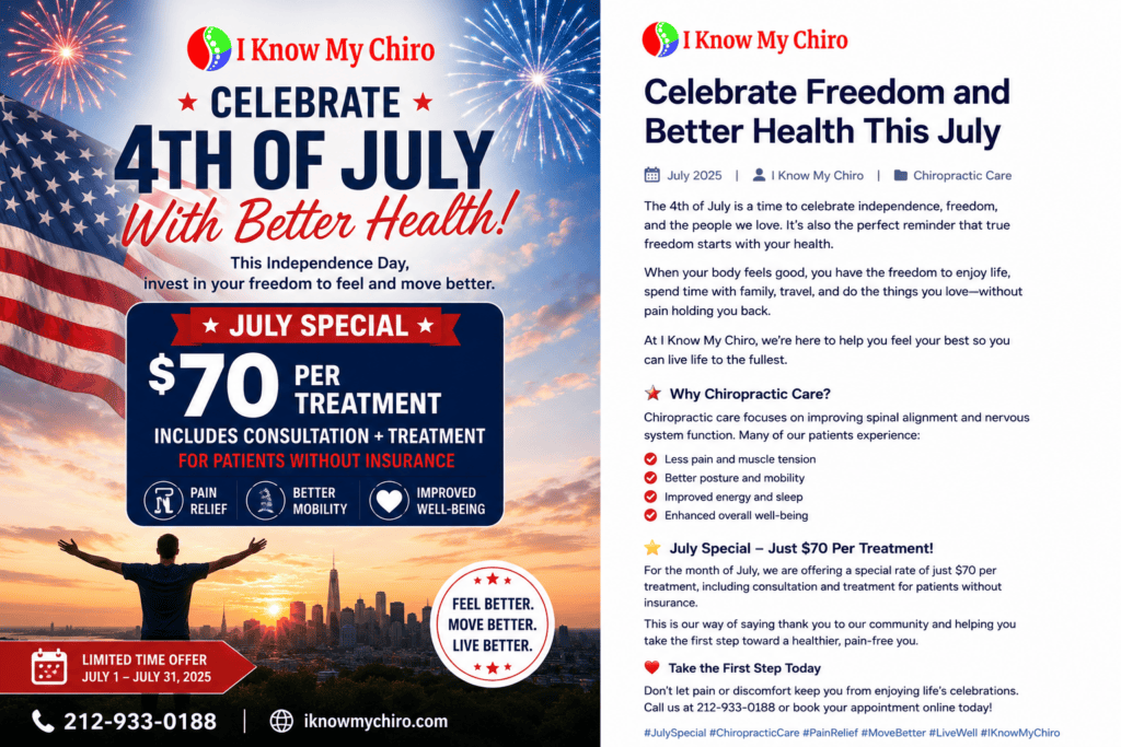 Especial de julio de quiropráctica en I Know My Chiro en Manhattan con consulta y tratamiento por $70 para pacientes sin seguro.