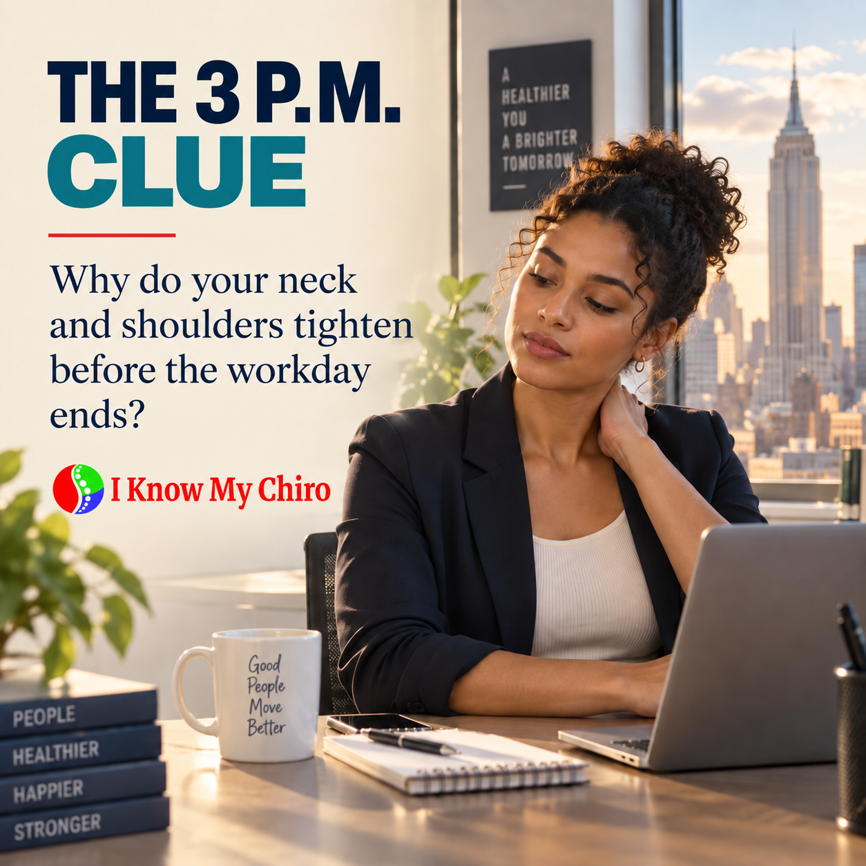 Professional experiencing neck pain from desk work in a Midtown Manhattan office at 3 p.m.